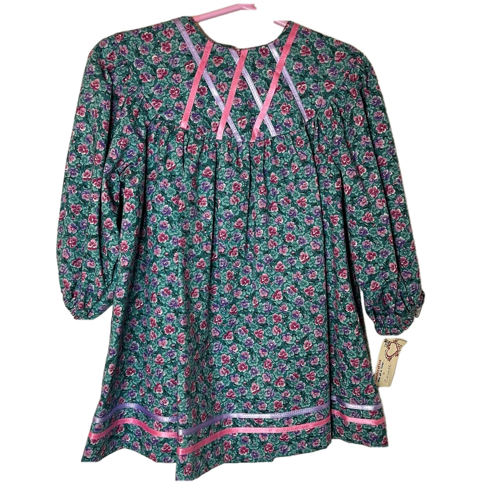 Hand Made Ribbon Embellished Long Sleeve Vintage Inspired Floral Dress Girls 2